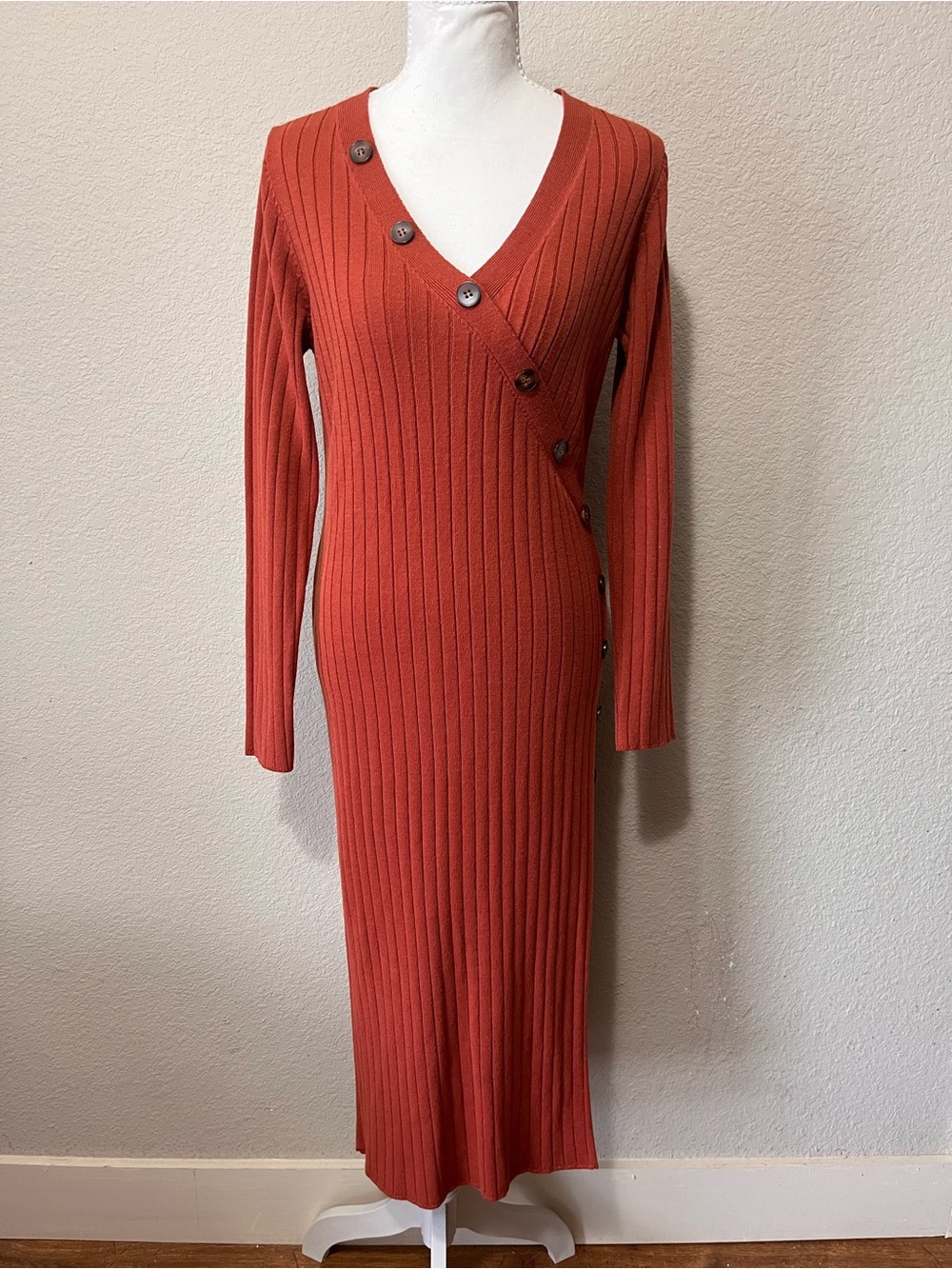 ASOS Rust Ribbed Button-Trim Long Sleeve Midi Dress